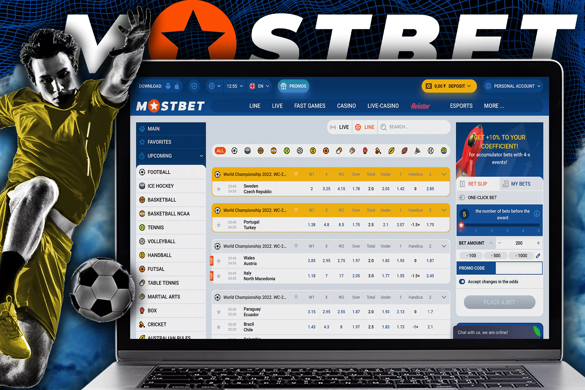 There is a wide line of sports markets and odds at Mostbet.