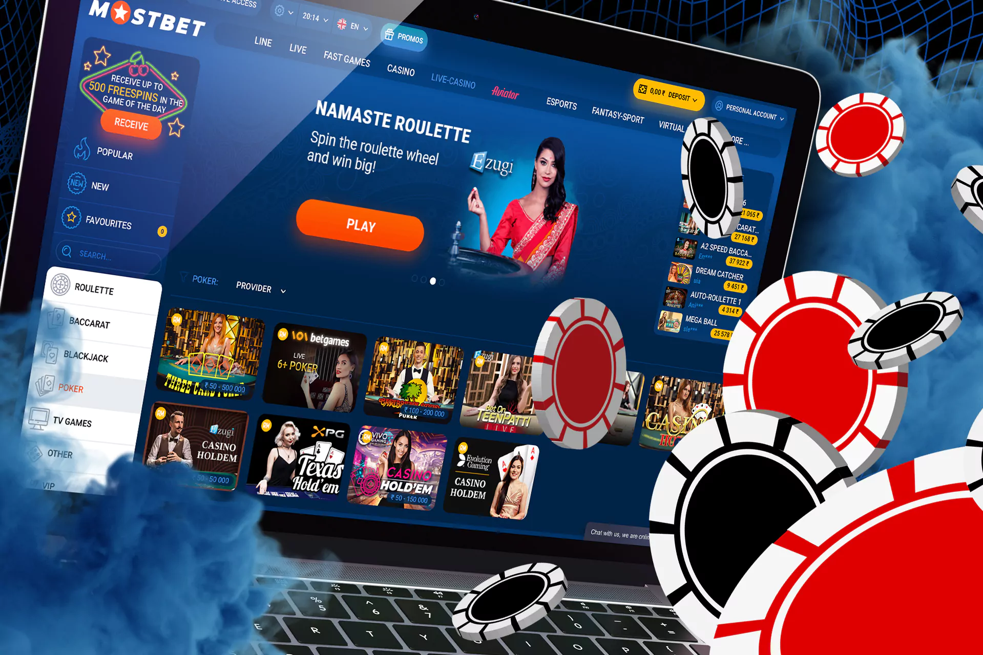 Play different types of poker at the Mostbet casino.