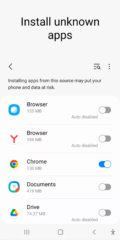 Phone settings "Install unknown apps", the indicator for allowing to download via the mobile browser is enabled.