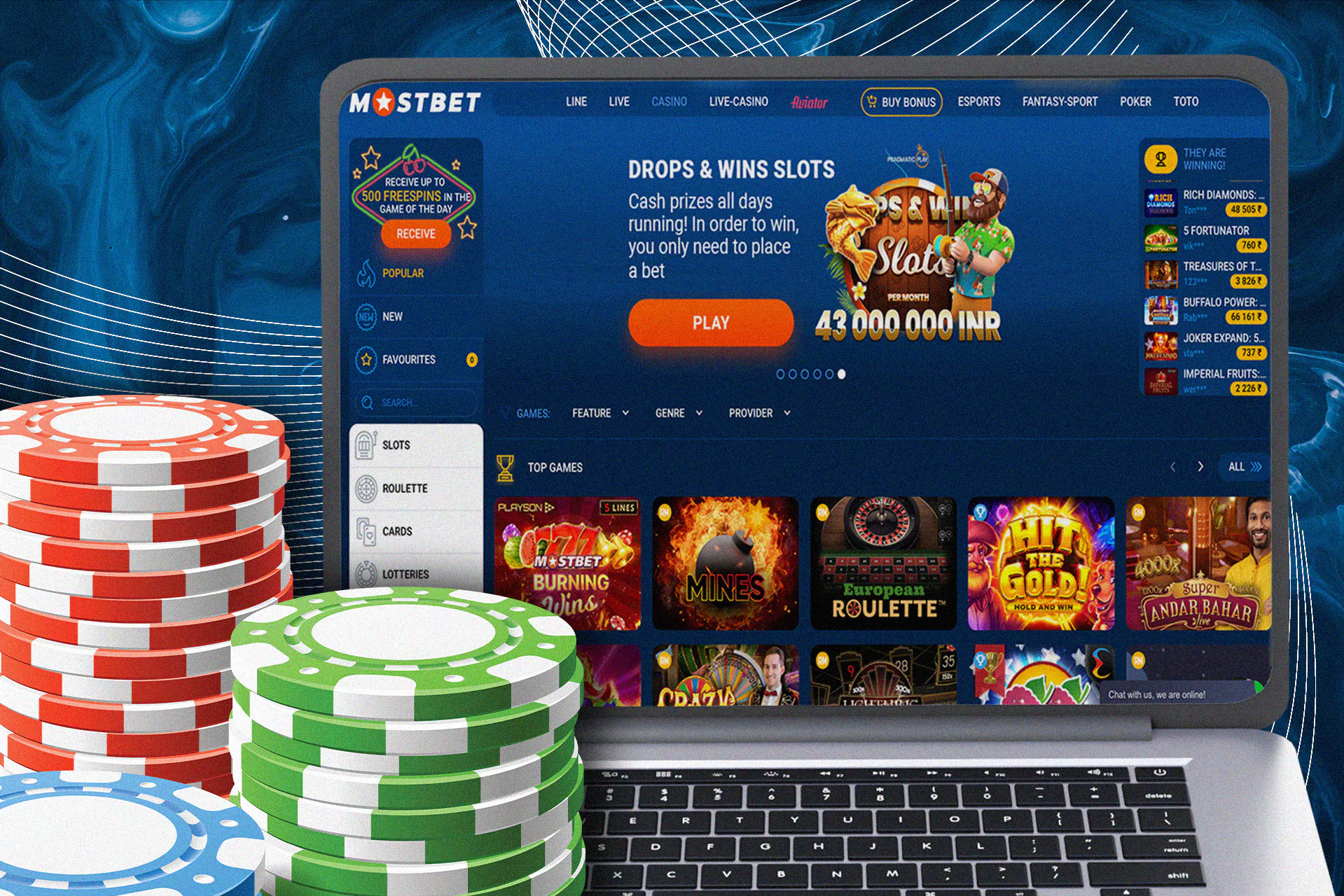 Casino games section, the top most popular games among users.