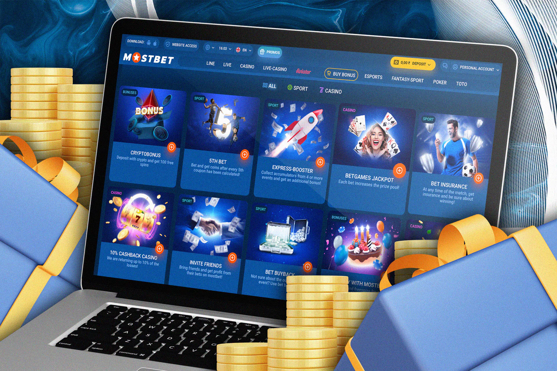 The list of all Mostbet bonuses: first deposit bonus, cryptobonus, 5th bet bonus, booster bonus, betgames jackpot, bet insuranse and others.