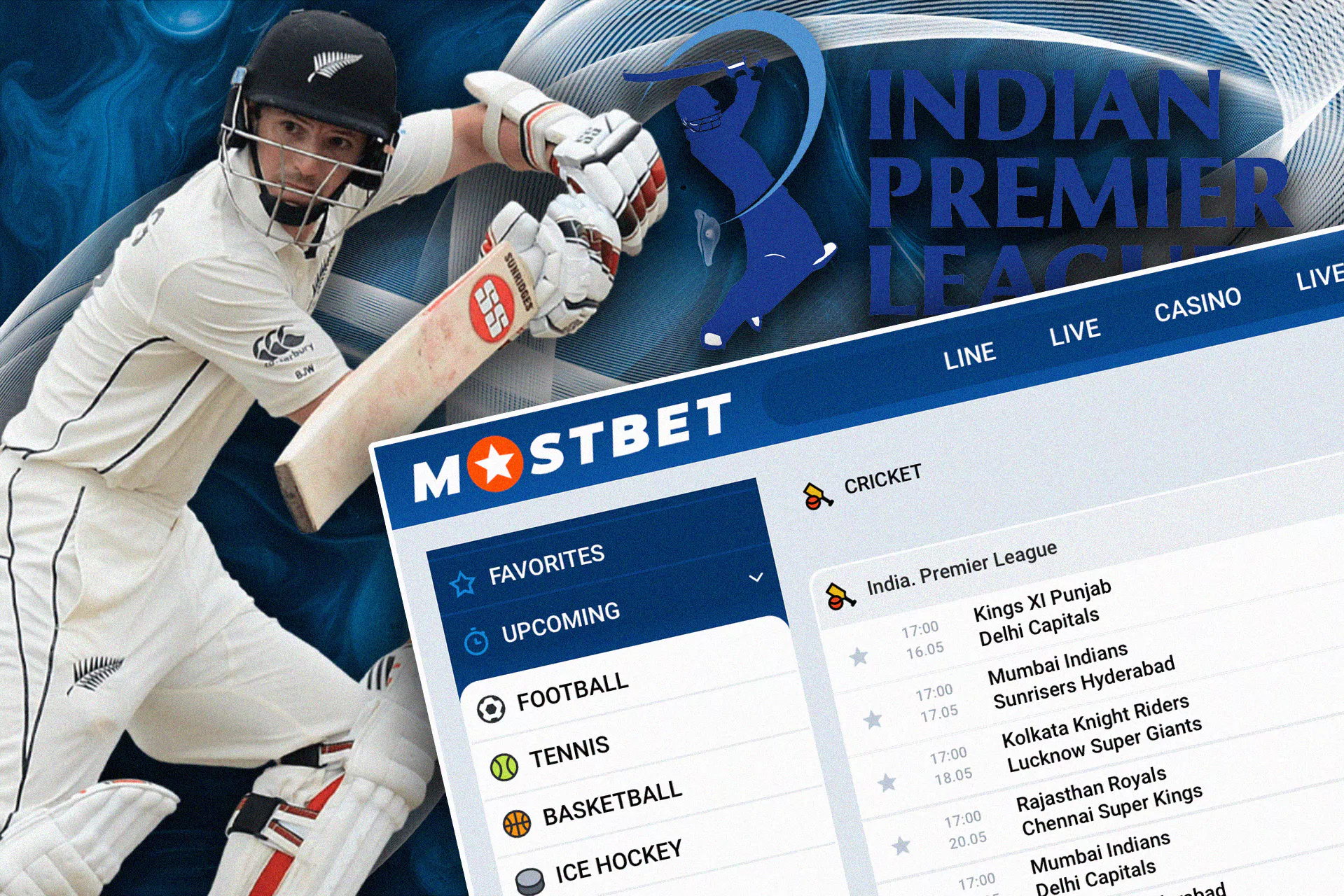 Cricket betting section of the site, betting on the Indian Premier League.