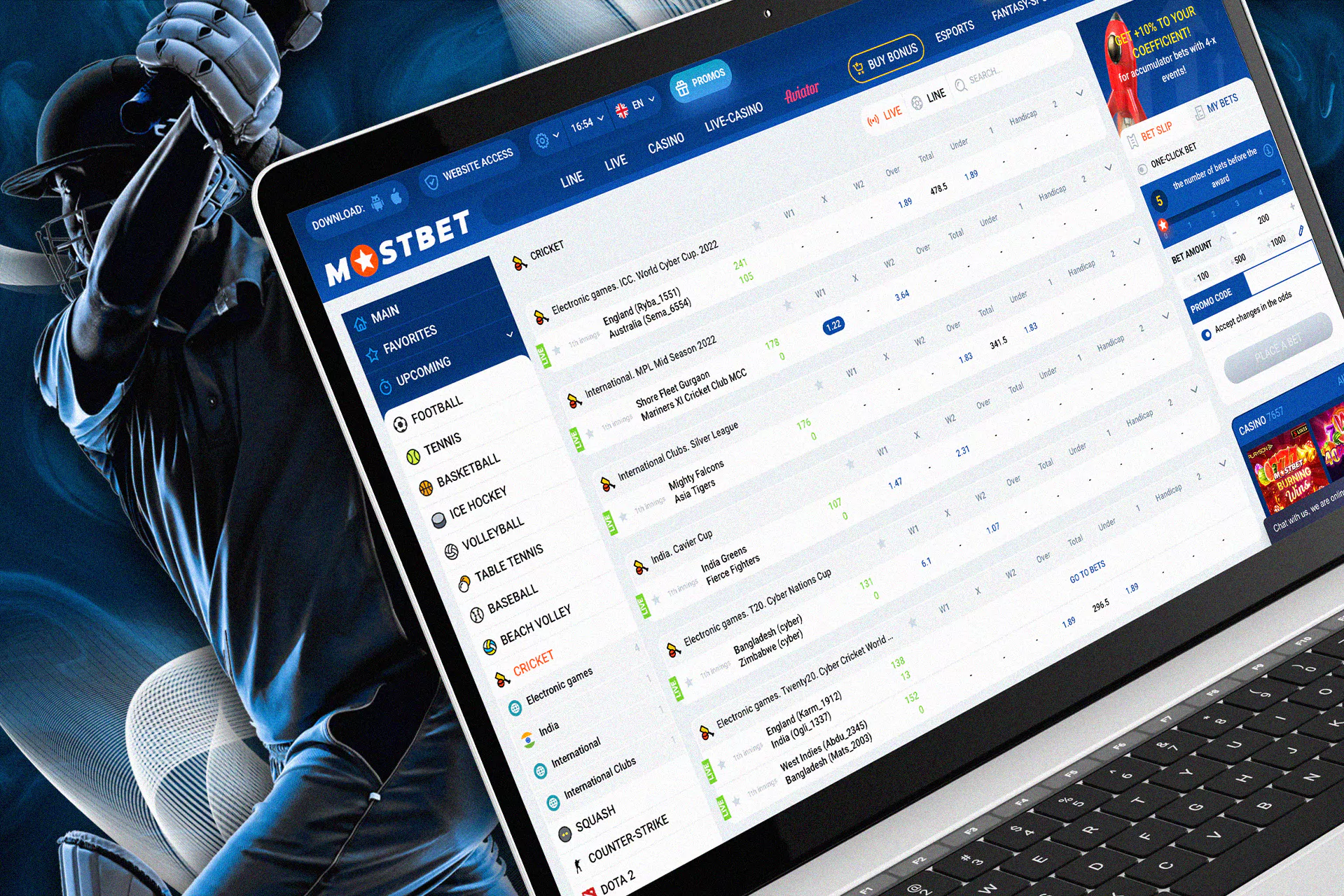 Live cricket betting section: electronic games, international, international clubs and more.