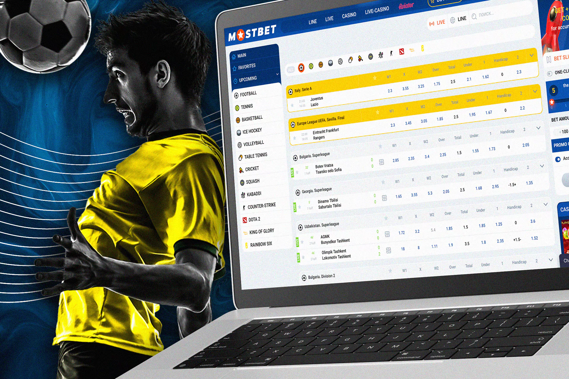 Live betting section in the category "Football", a list of current matches available for bets.