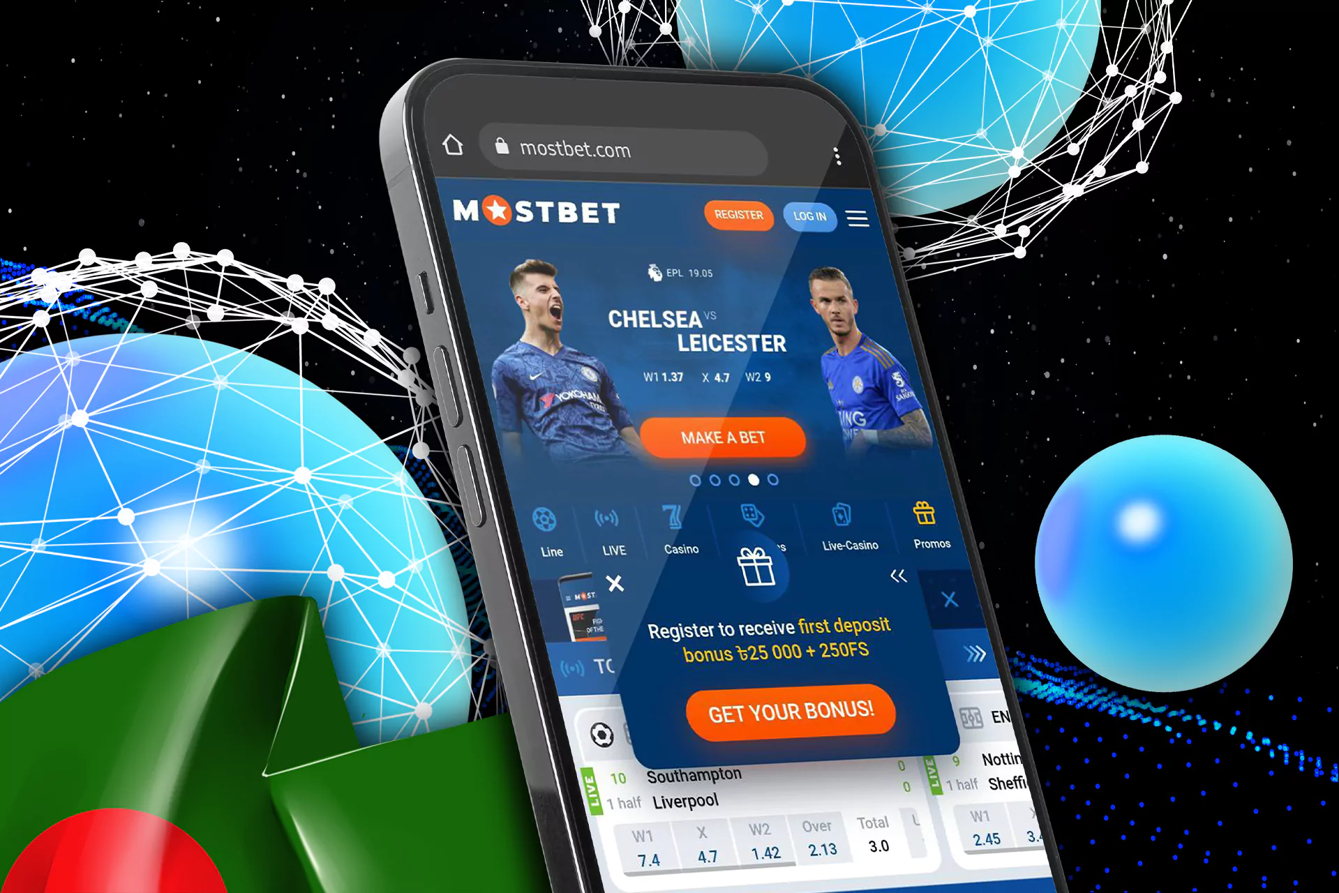 The interface of the mobile site Mostbet.