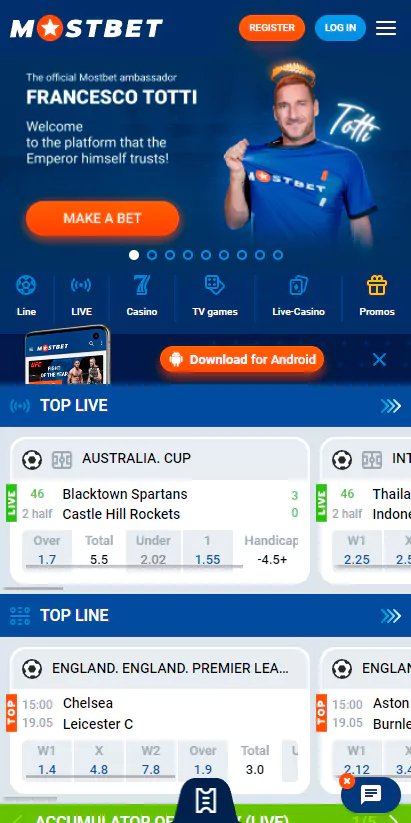 Top Live and Top Line bets section in the mobile app.