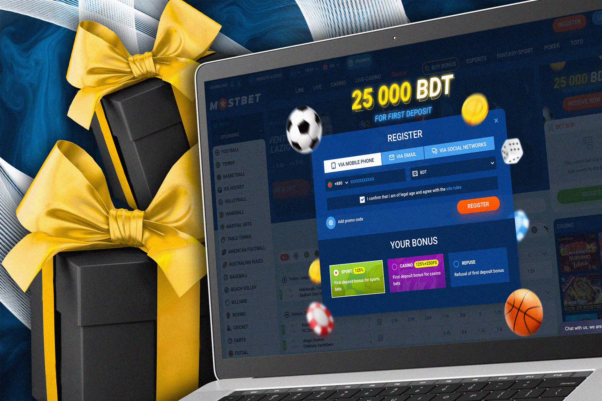 The choice of available bonuses in the registration window: sports bonus, casino bonus or first deposit bonus.