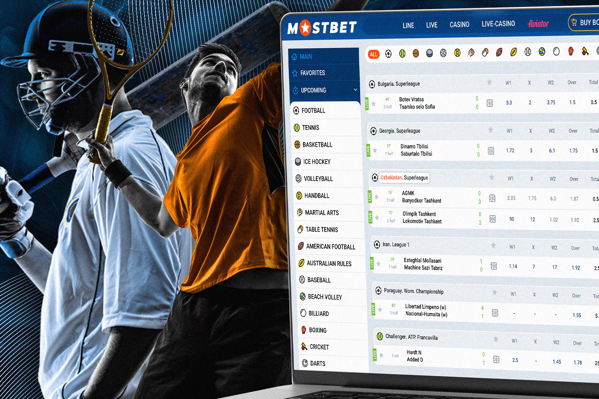 Side menu with a list of sports available for betting: soccer, tennis, basketball, ice hockey and others.