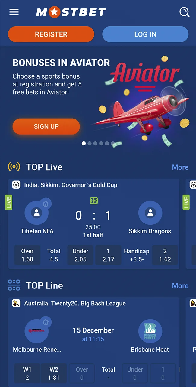 View the Mostbet homepage with top events now.