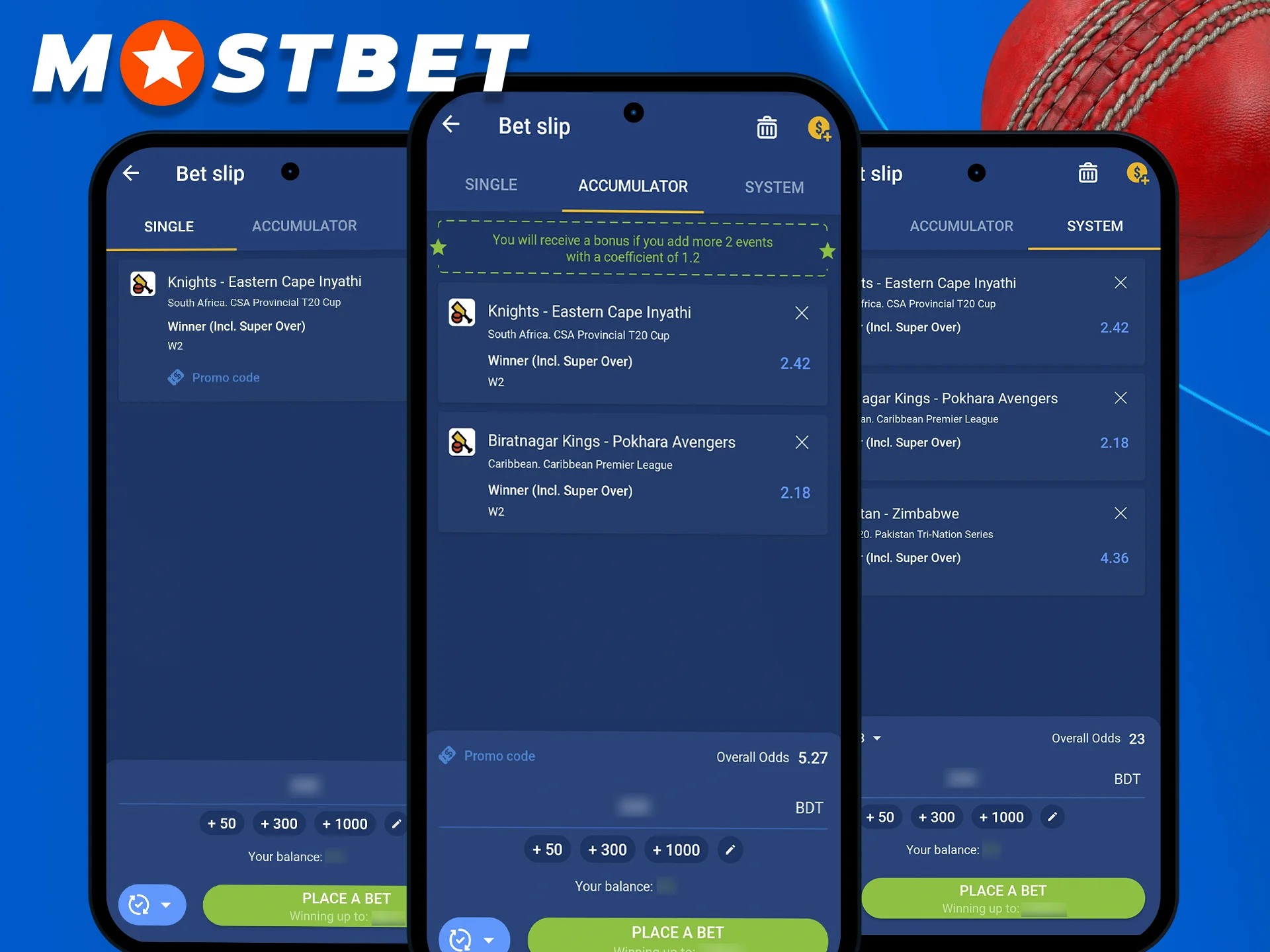 Create Single, Combo, and System Bets in Mostbet App.