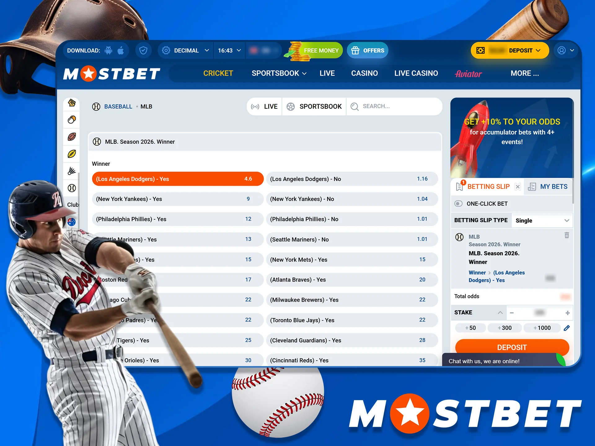 Baseball betting on MLB and more at Mostbet.