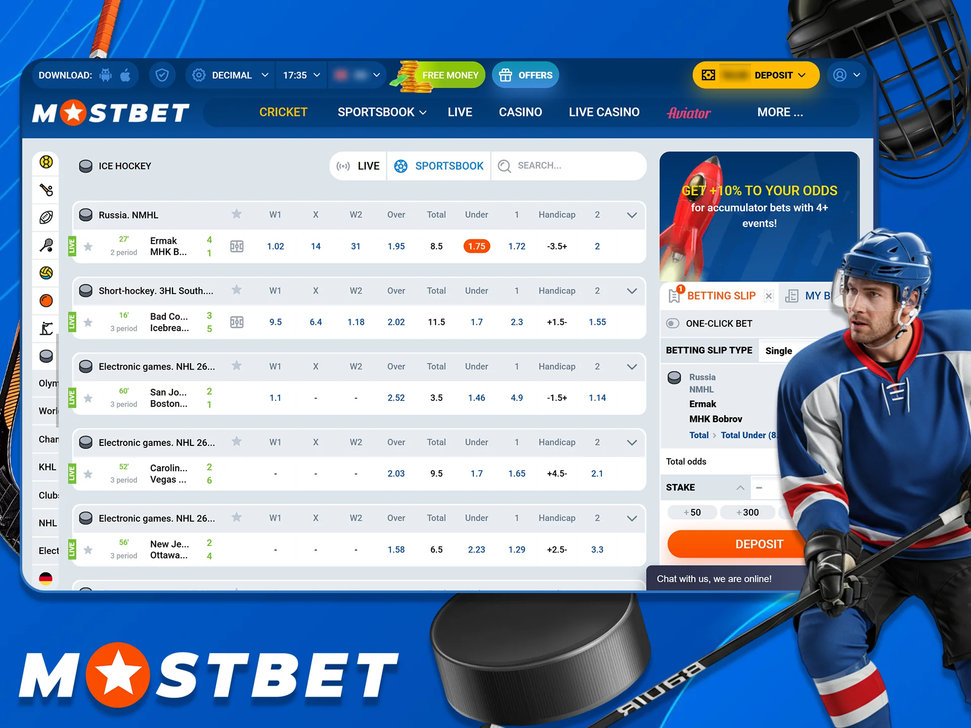 There is a wide line of sports markets and odds at Mostbet.