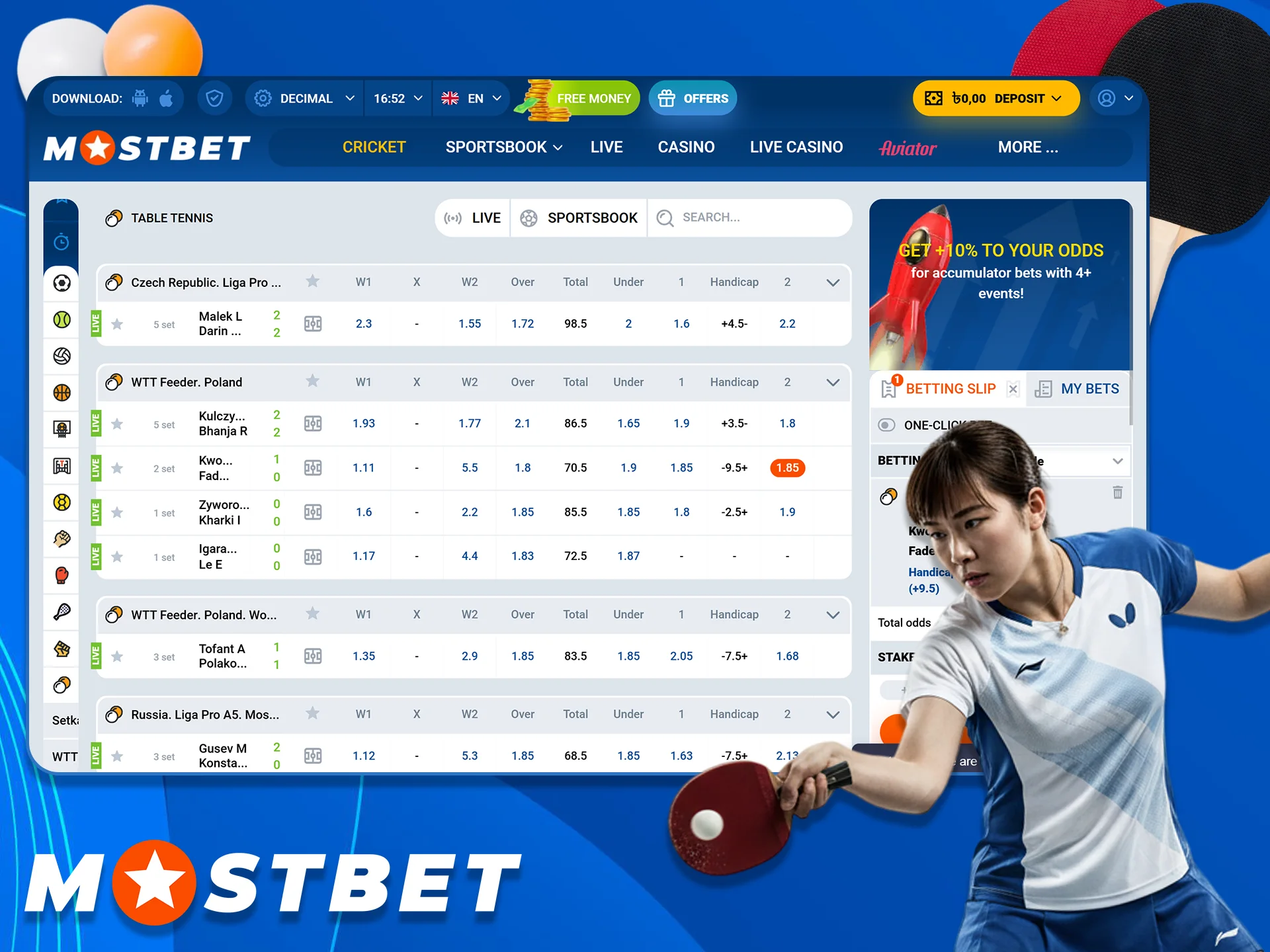 Find all Table Tennis betting markets at Mostbet.