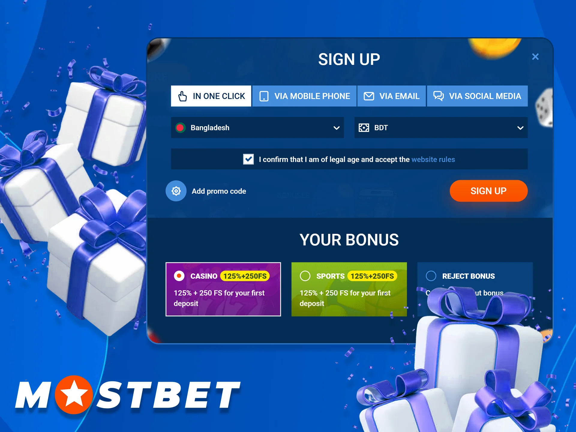 Claim the generous Sign Up Bonus from Mostbet.