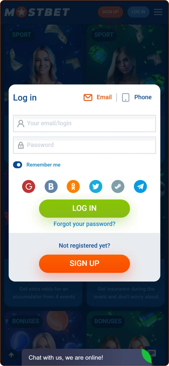 Log In to access your secure Mostbet betting account.
