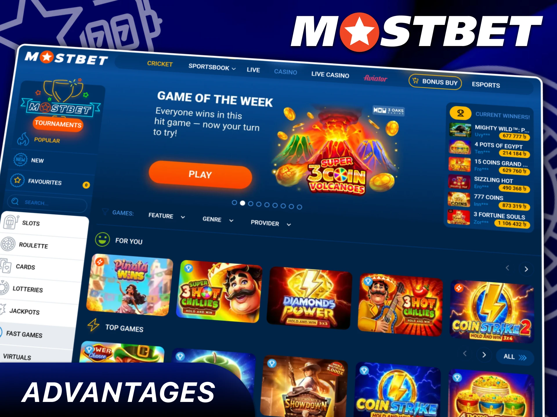 All possibilities for entertainment in the casino section of Mostbet.