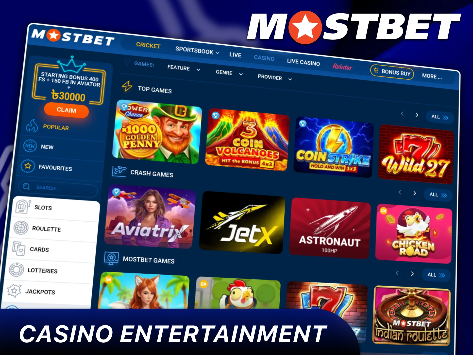Section with the top popular games in the casino chapter of the PC version of the site.
