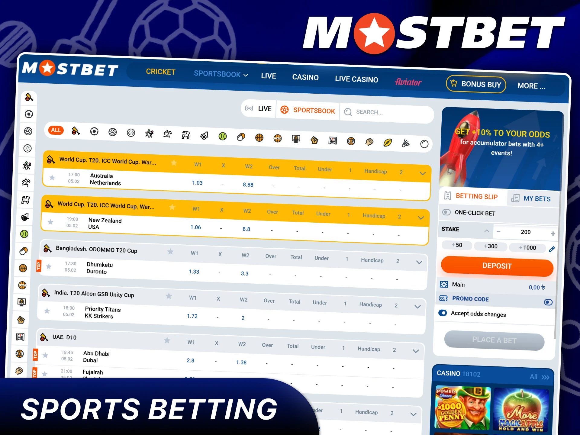 There is a wide line of sports markets and odds at Mostbet.