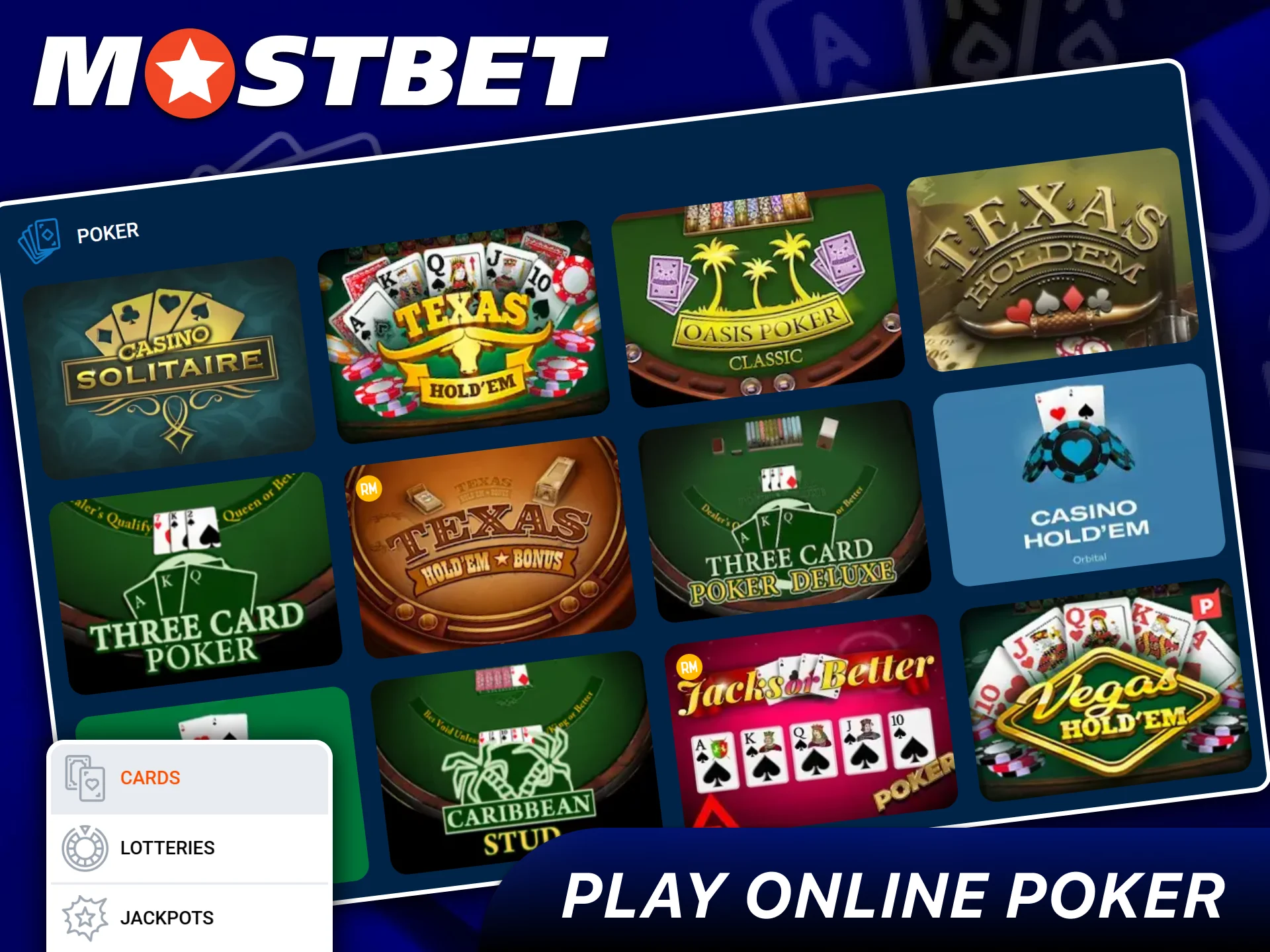 Classic and modern poker variations available for Mostbet players.