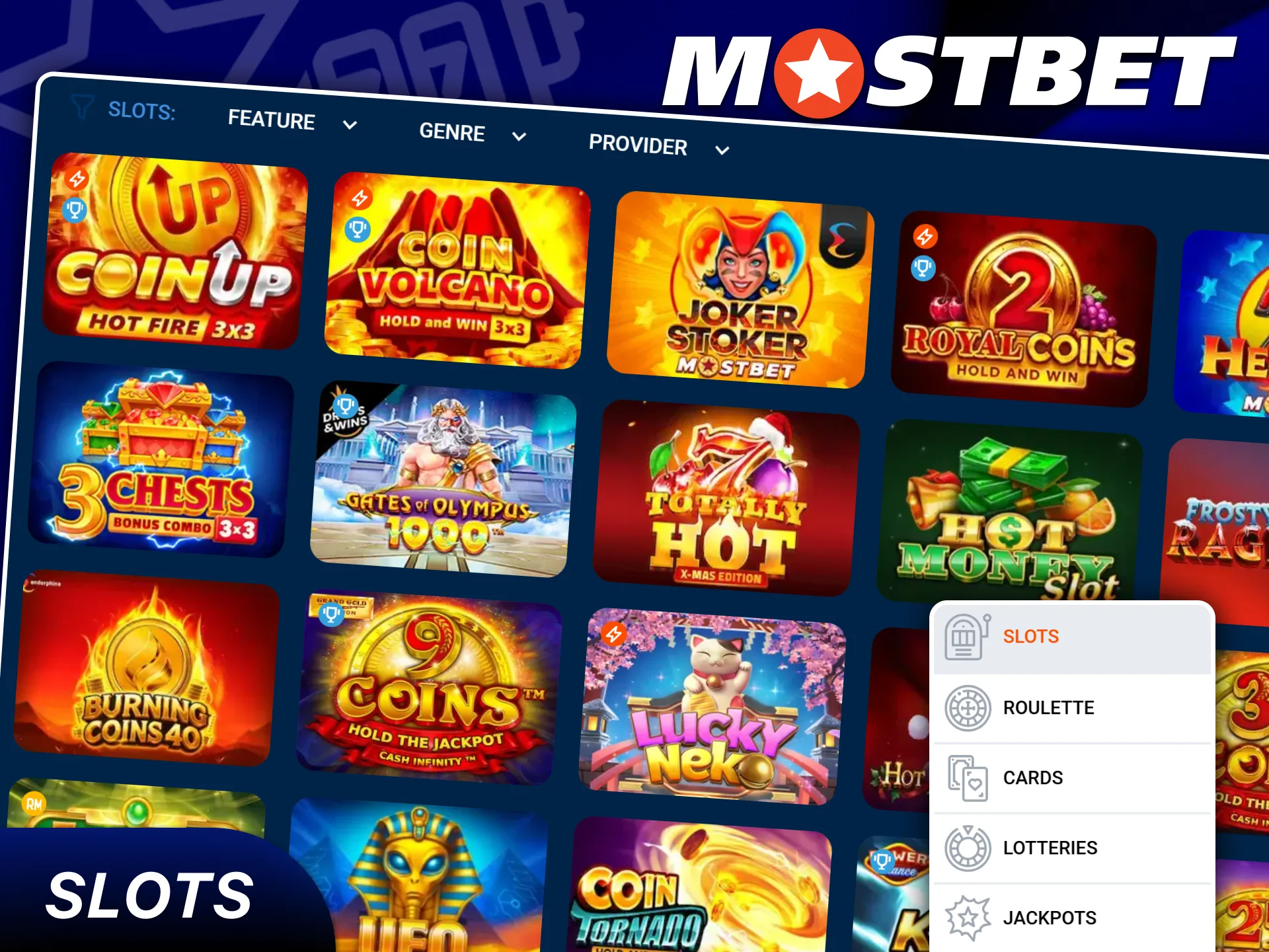 A wide selection of colorful video slot machines at Mostbet.
